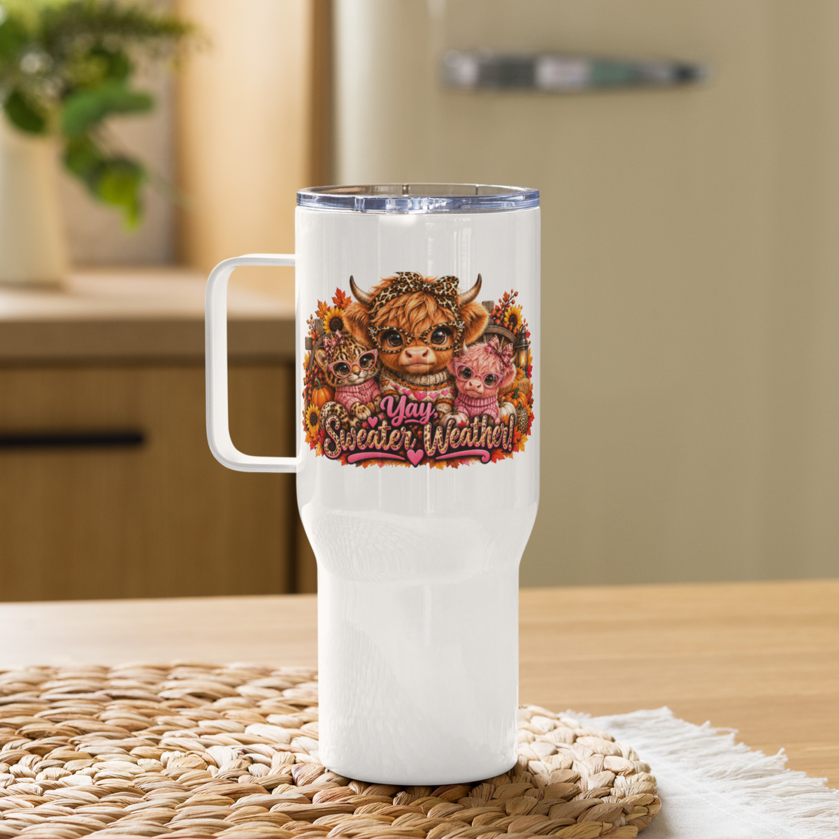 Highland Cow Sweater Weather White Travel Mug with Handle 25 oz