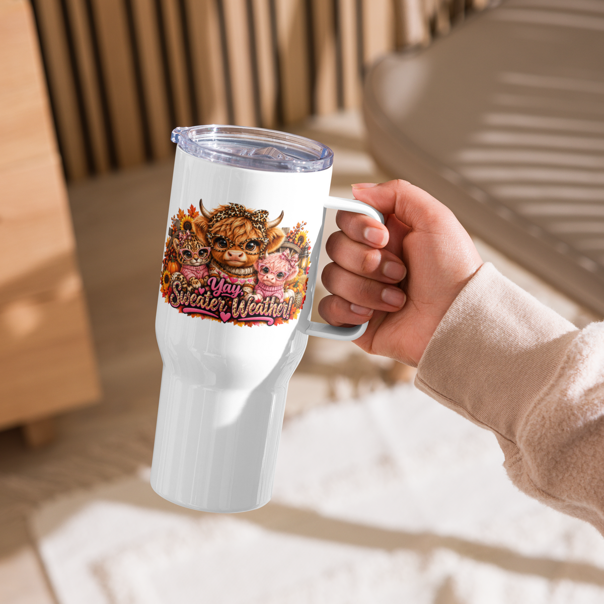 Highland Cow Sweater Weather White Travel Mug with Handle 25 oz Another Left Handle View