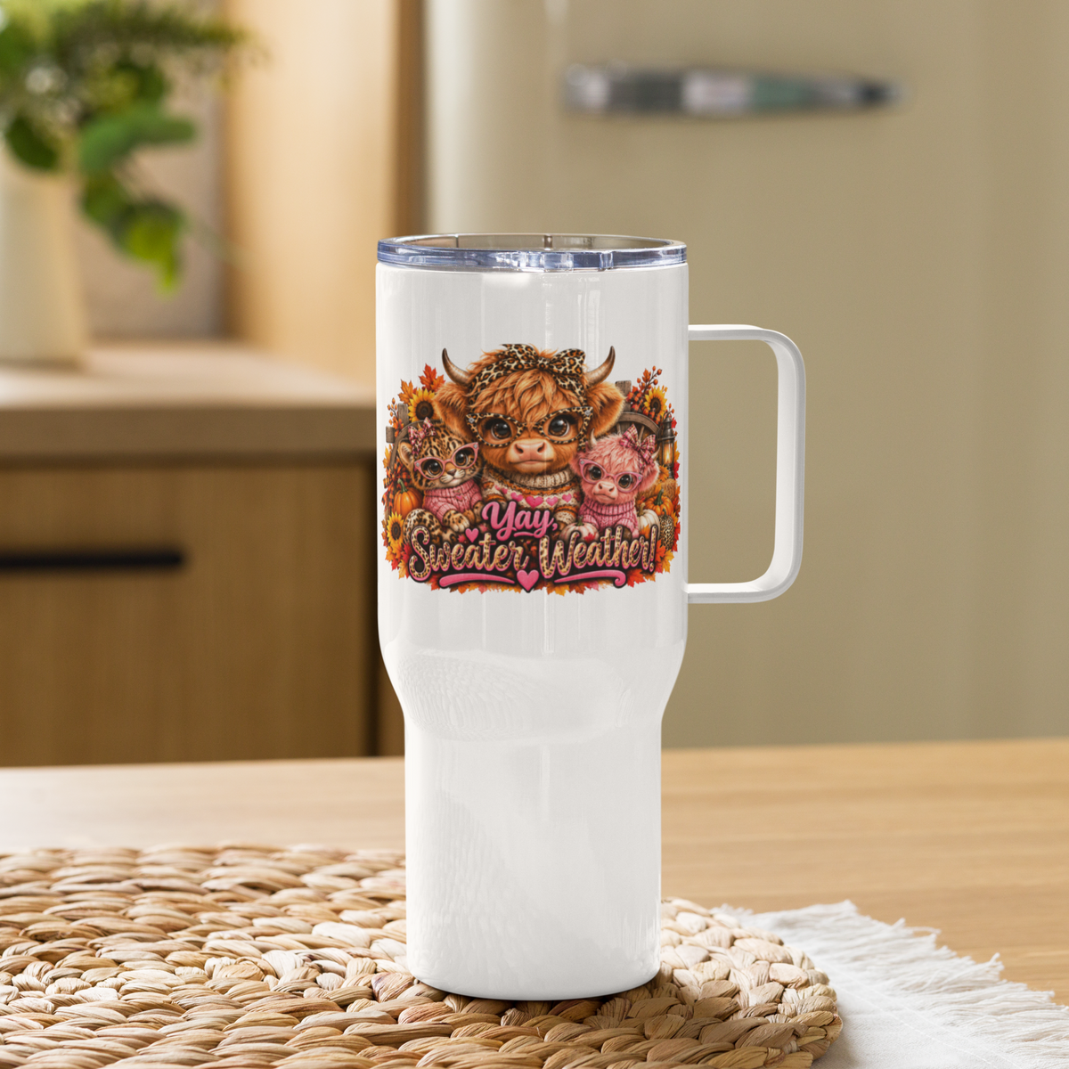 Highland Cow Sweater Weather White Travel Mug with Handle 25 oz Left Handle View