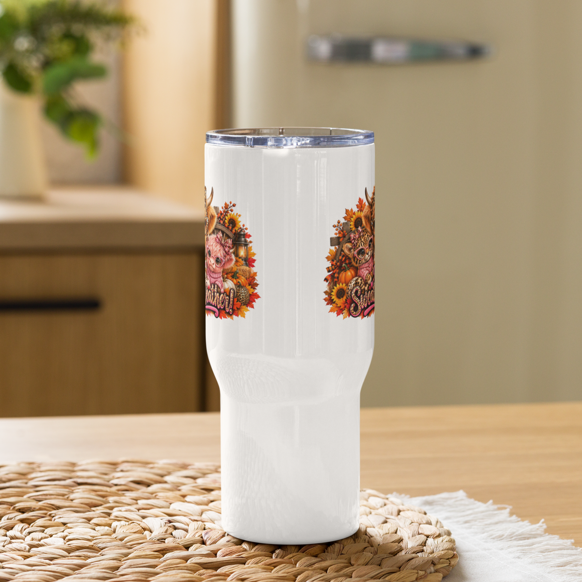 Highland Cow Sweater Weather White Travel Mug with Handle 25 oz Side View