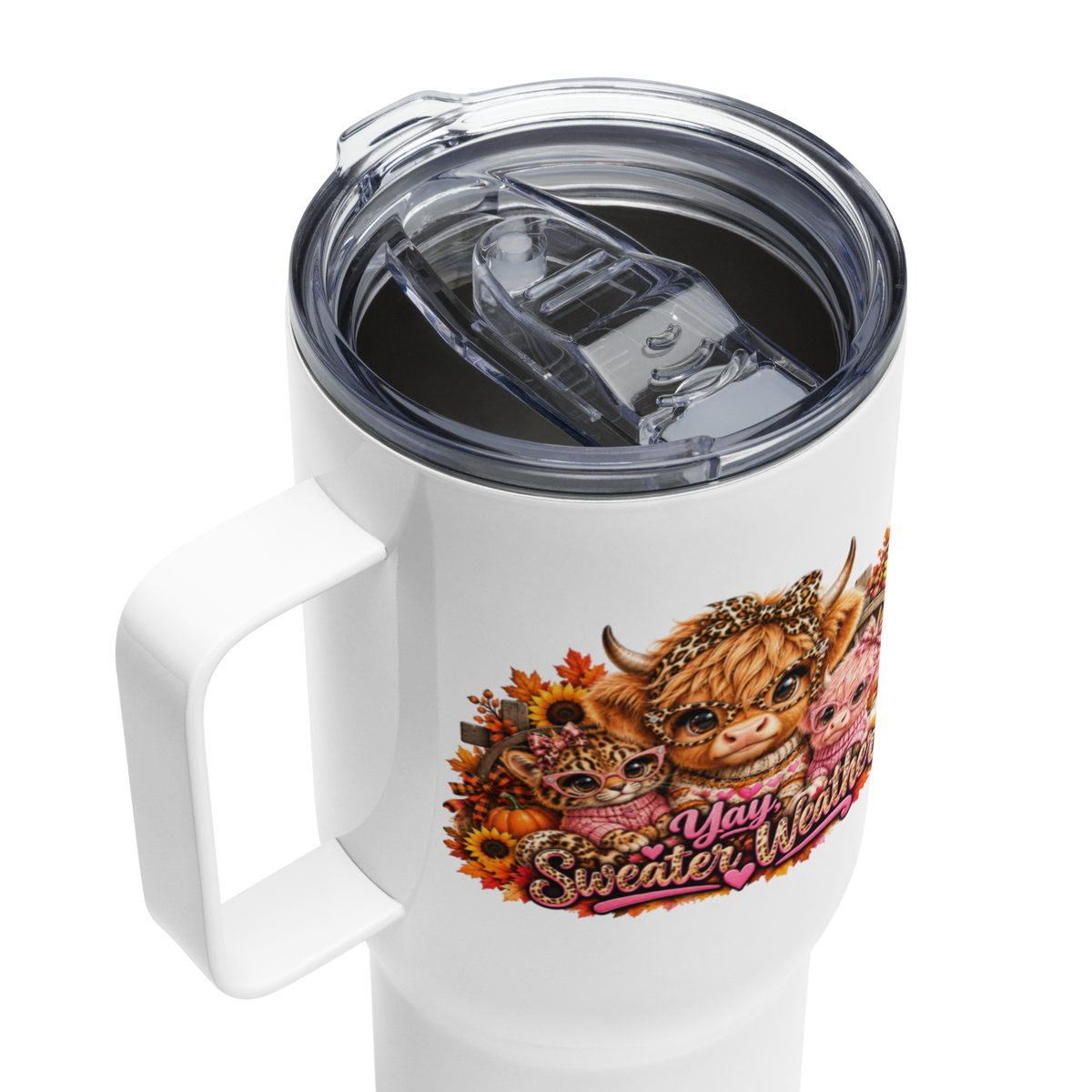 Highland Cow Sweater Weather White Travel Mug with Handle 25 oz Top View