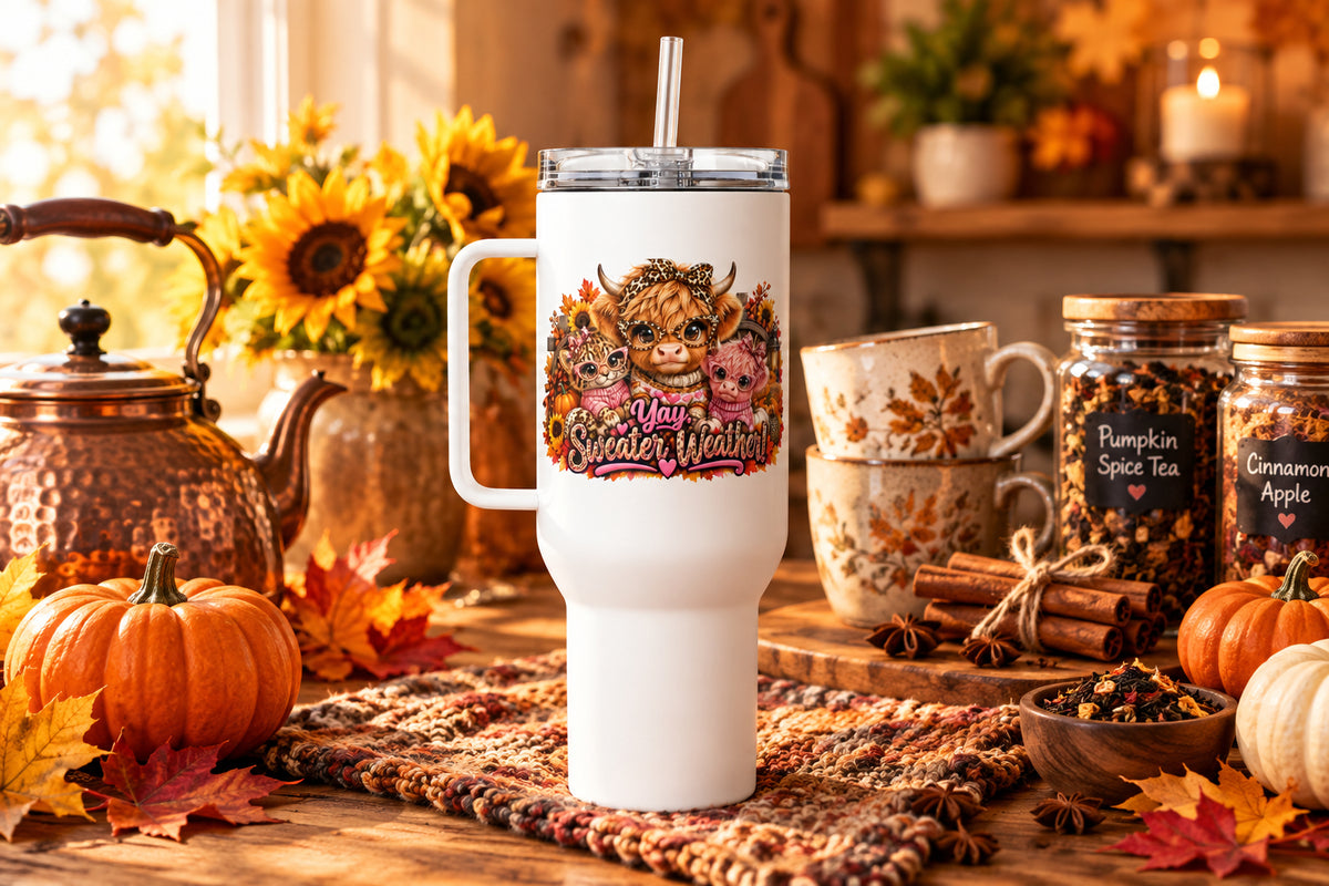 Highland Cow Sweater Weather White Travel Mug with Handle 40 oz