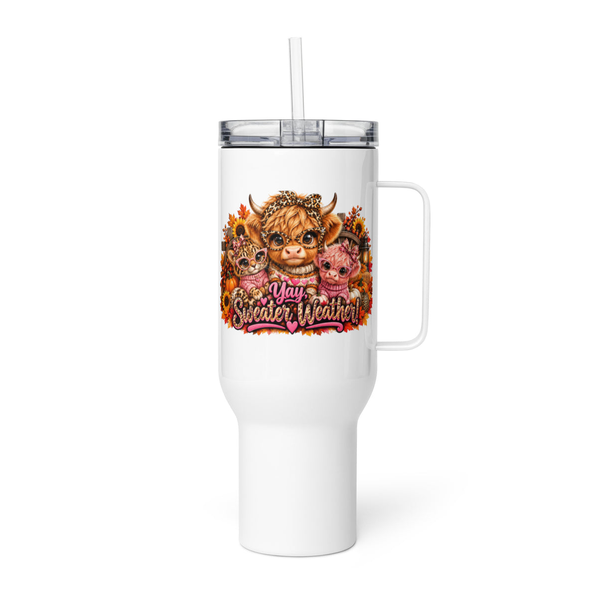 Highland Cow Sweater Weather White Travel Mug with Handle 40 oz - Left Handle View