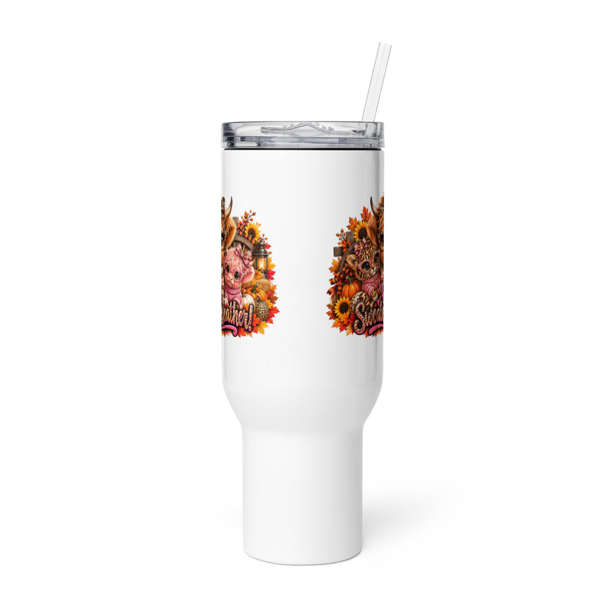 Highland Cow Sweater Weather White Travel Mug with Handle 40 oz - Side View