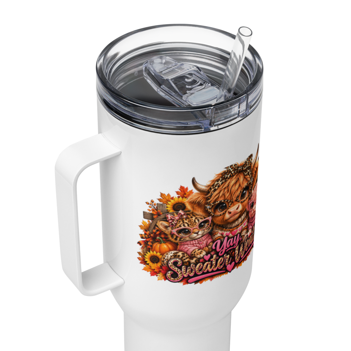 Highland Cow Sweater Weather White Travel Mug with Handle 40 oz - Top View