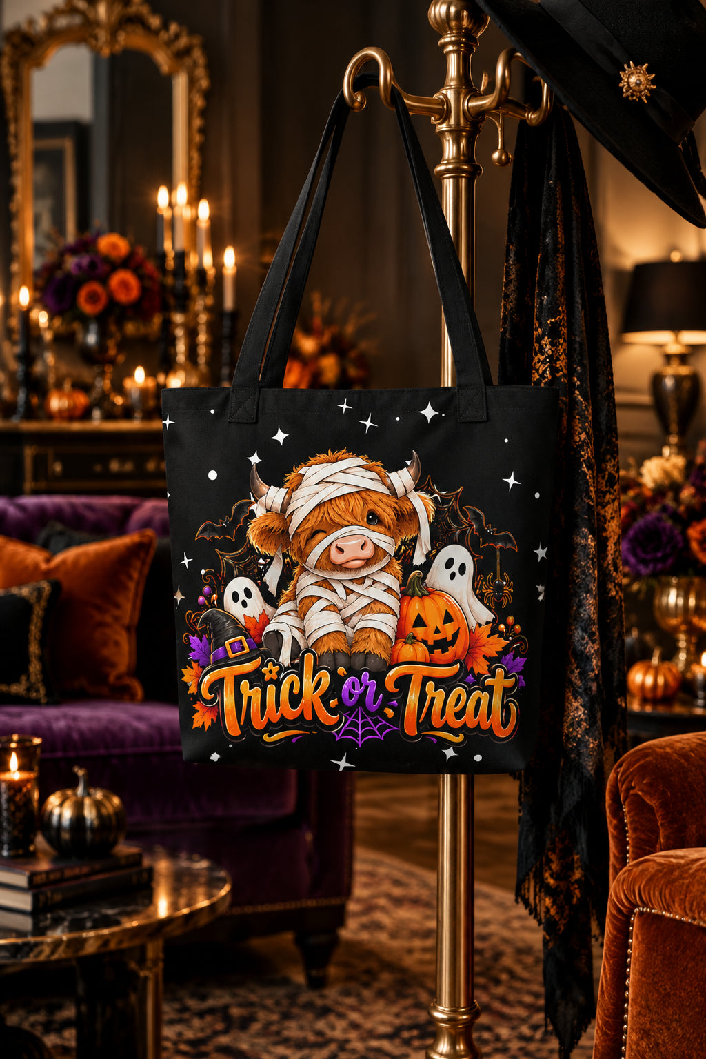 Highland Cow Trick or Treat Stars and Black Large Tote Bag