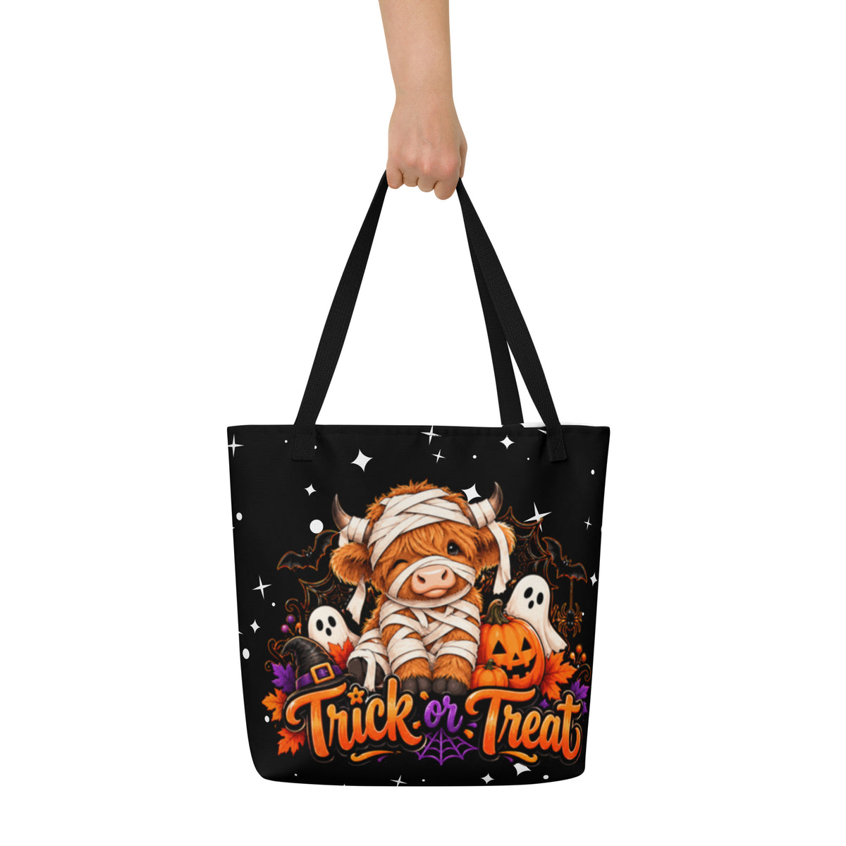 Highland Cow Trick or Treat Stars and Black Large Tote Bag - Carrying View