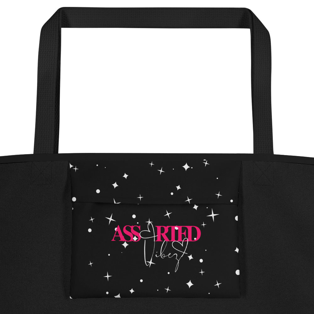 Highland Cow Trick or Treat Stars and Black Large Tote Bag - Inside Pocket View