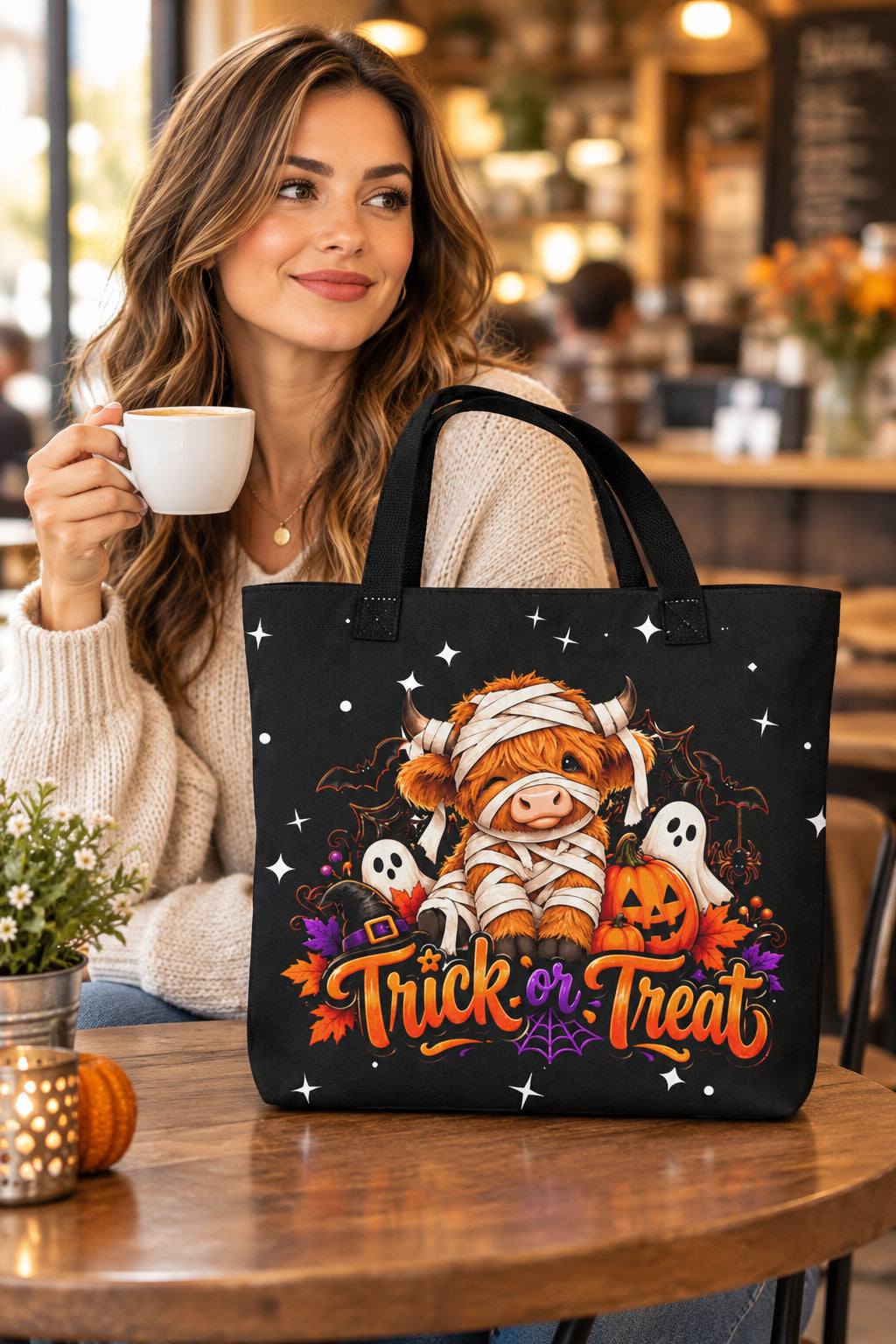 Highland Cow Trick or Treat Stars and Black Large Tote Bag Mockup