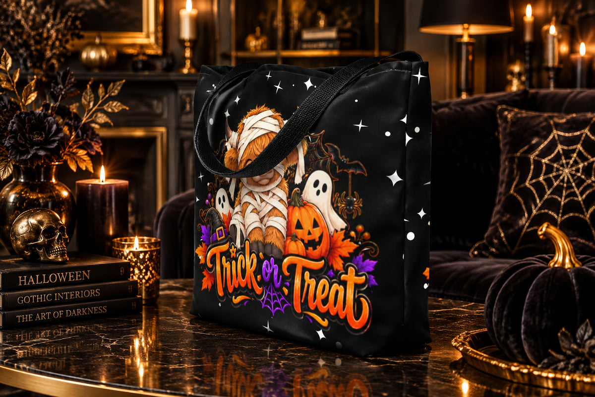 Highland Cow Trick or Treat Stars and Black Large Tote Bag Side View