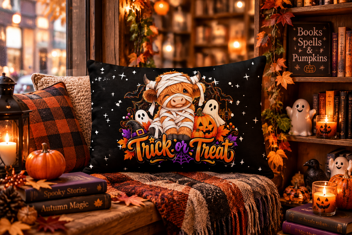 Highland Cow Trick or Treat Stars and Black Premium Decor Pillow 20 x 12