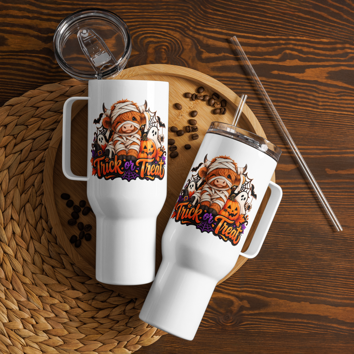 Highland Cow Trick or Treat White Travel Mug with Handle