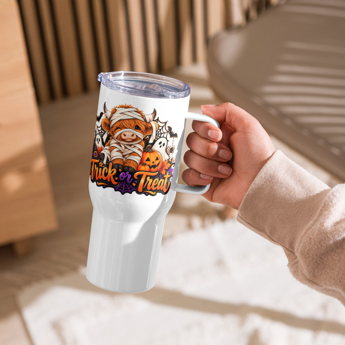 Highland Cow Trick or Treat White Travel Mug with Handle 25 oz - Left Handle View