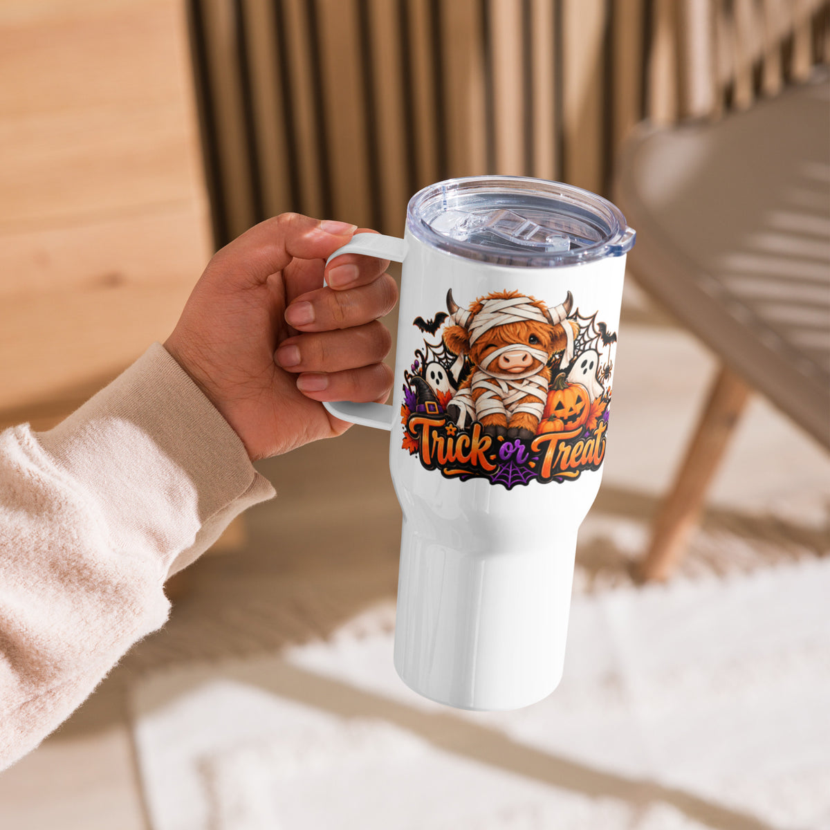 Highland Cow Trick or Treat White Travel Mug with Handle 25 oz - Right Handle View