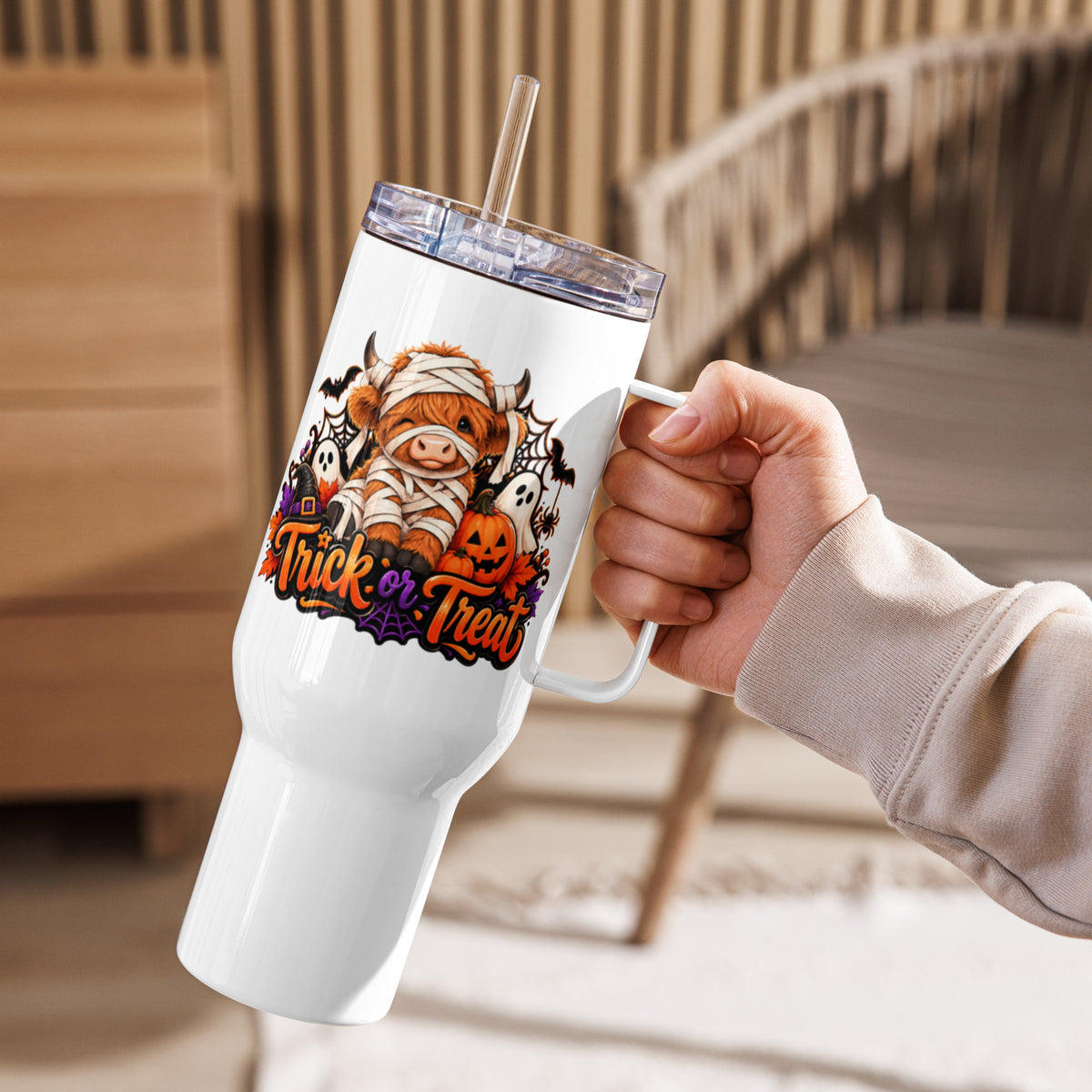 Highland Cow Trick or Treat White Travel Mug with Handle 40 oz - Left Handle View