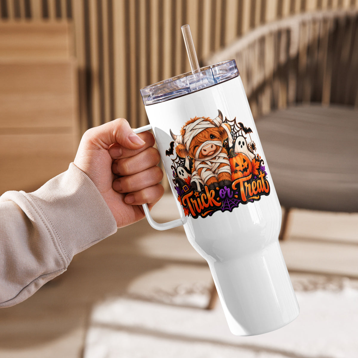 Highland Cow Trick or Treat White Travel Mug with Handle 40 oz - Right Handle View