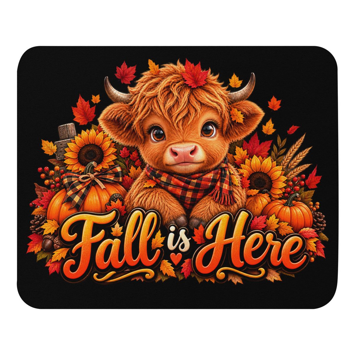 Hiland Cow Fall is Here Black Mouse Pad (Full Front View)