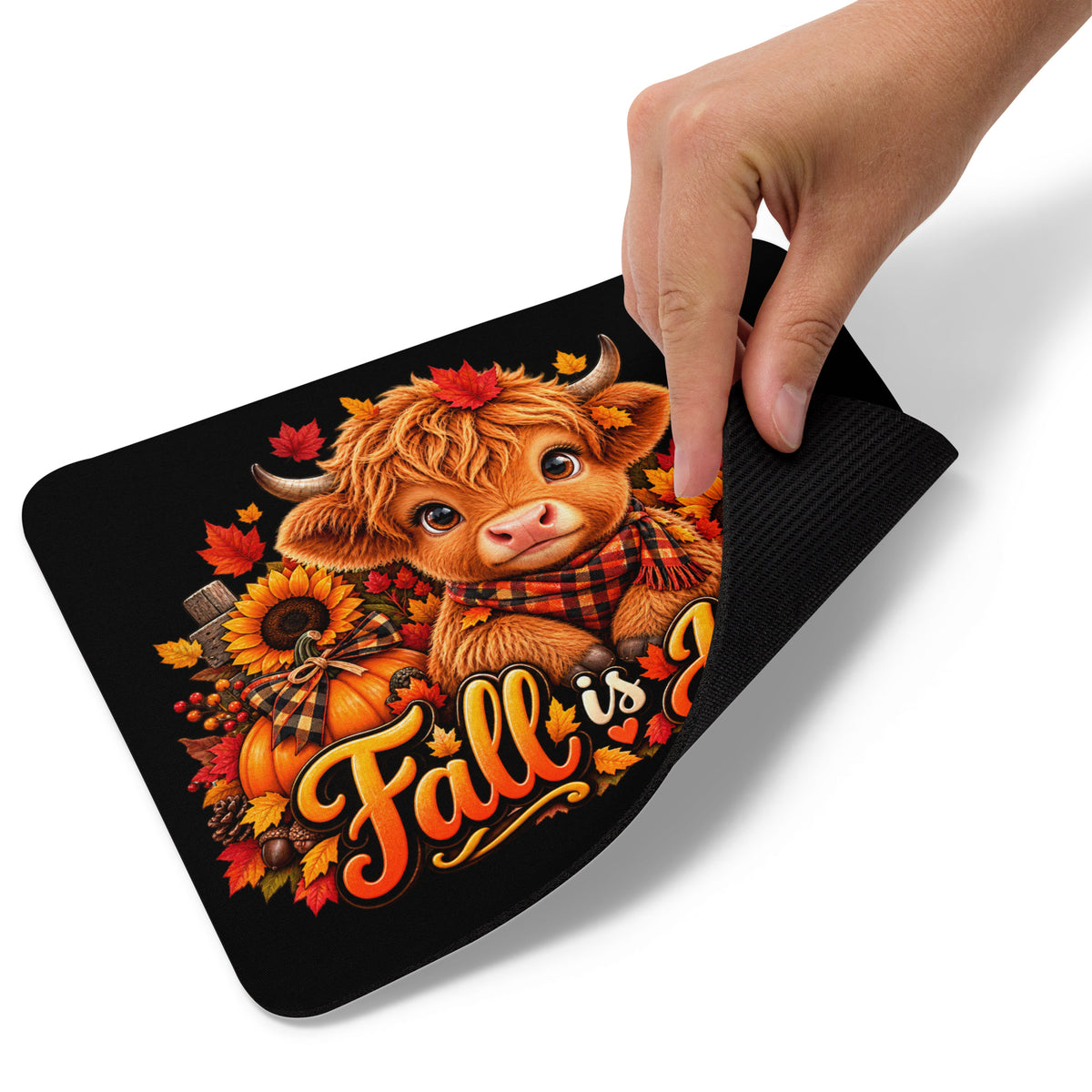 Hiland Cow Fall is Here Black Mouse Pad (Peek of Back)