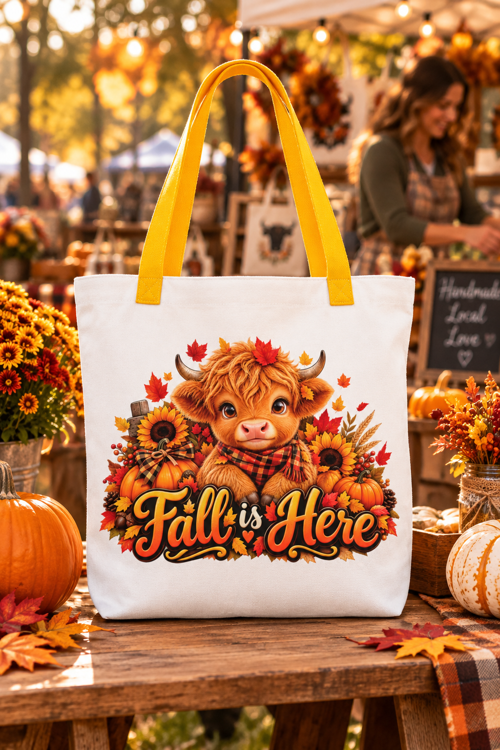 Hiland Cow Fall is Here White Large Tote Bag
