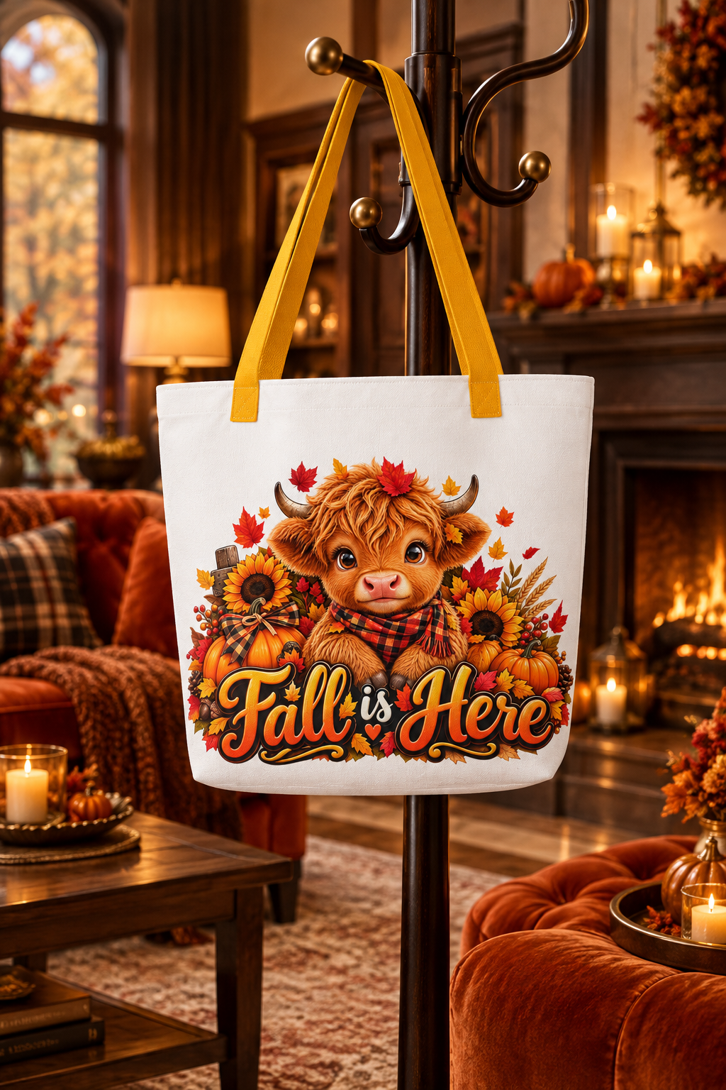 Hiland Cow Fall is Here White Large Tote Bag - Hung View