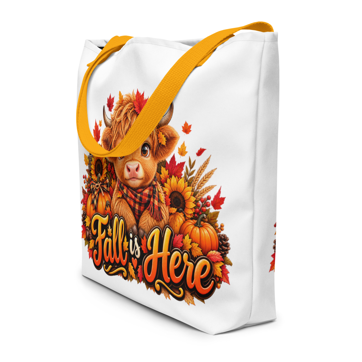Hiland Cow Fall is Here White Large Tote Bag - Side View