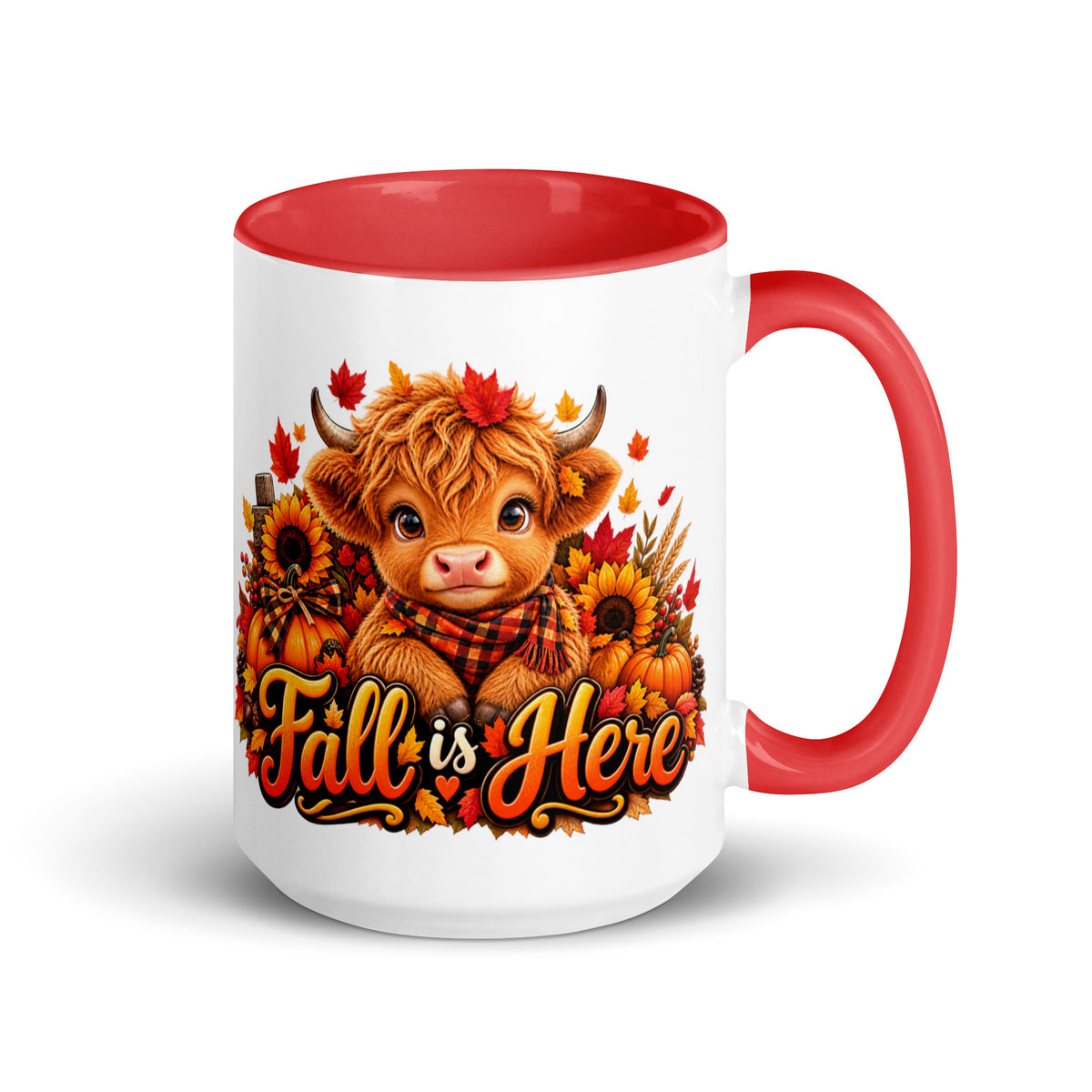 Hiland Cow Fall is Here White Mug with Red Color Trim 15 oz - Right Handle View