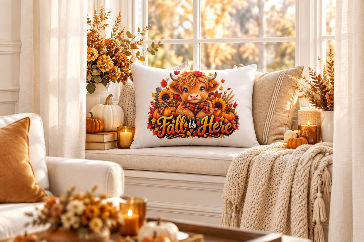 Hiland Cow Fall is Here White Premium Decor Pillow 20 x 12