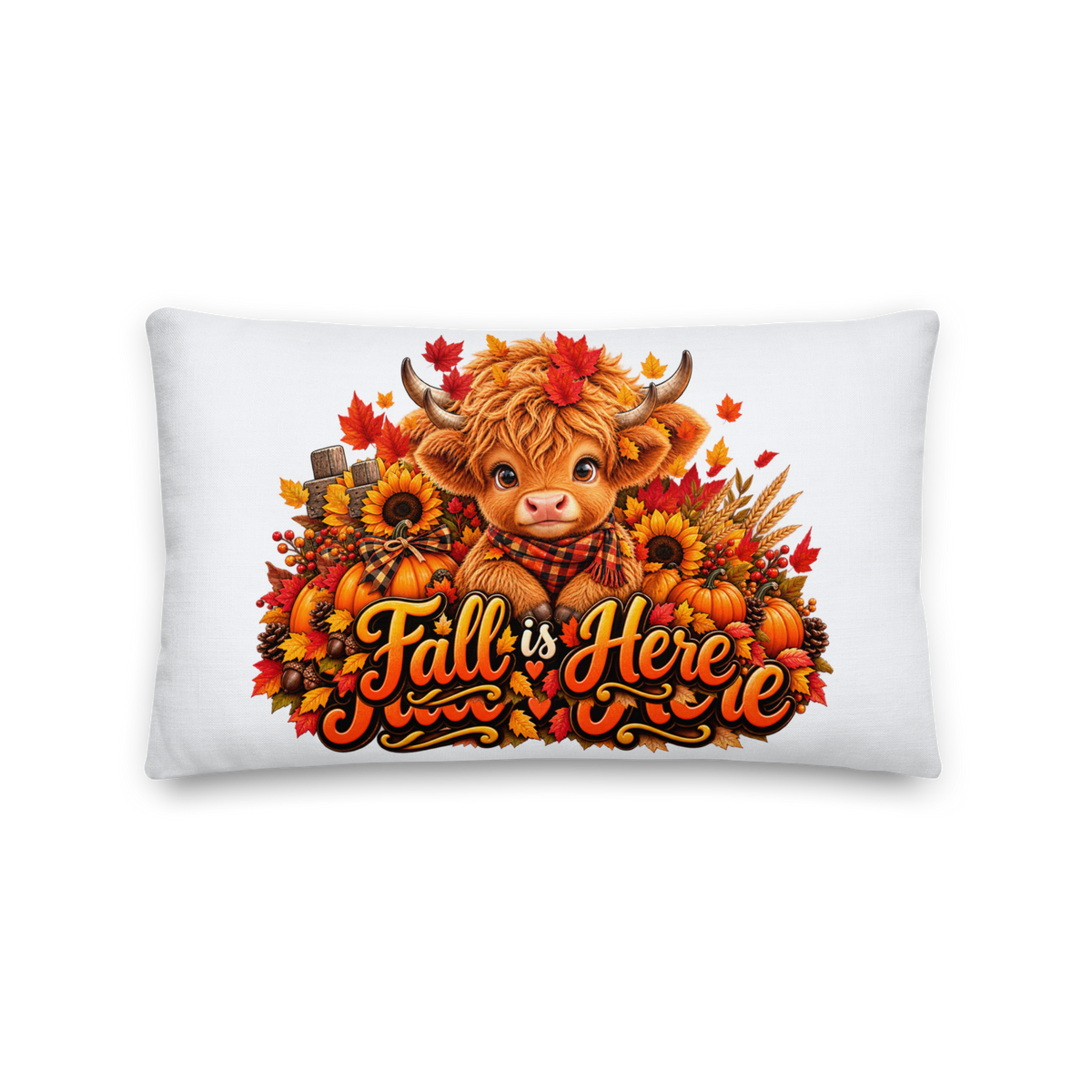 Hiland Cow Fall is Here White Premium Decor Pillow 20 x 12 - Front and Back View
