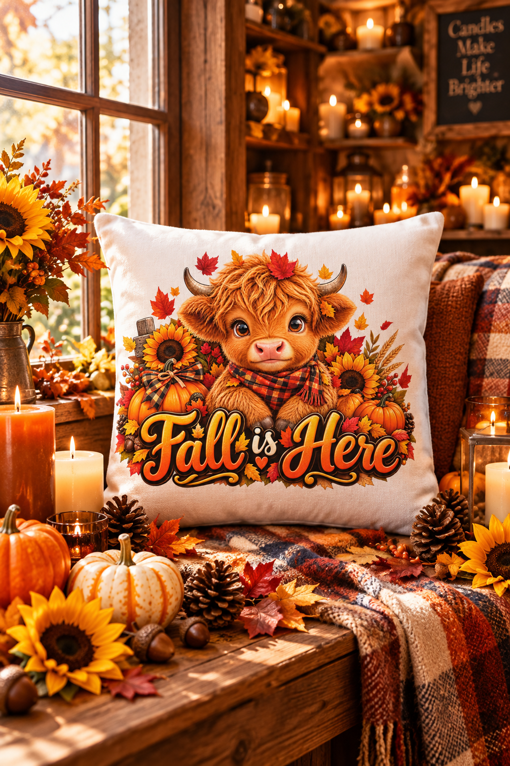 Hiland Cow Fall is Here White Premium Decor Pillow 22 x 22