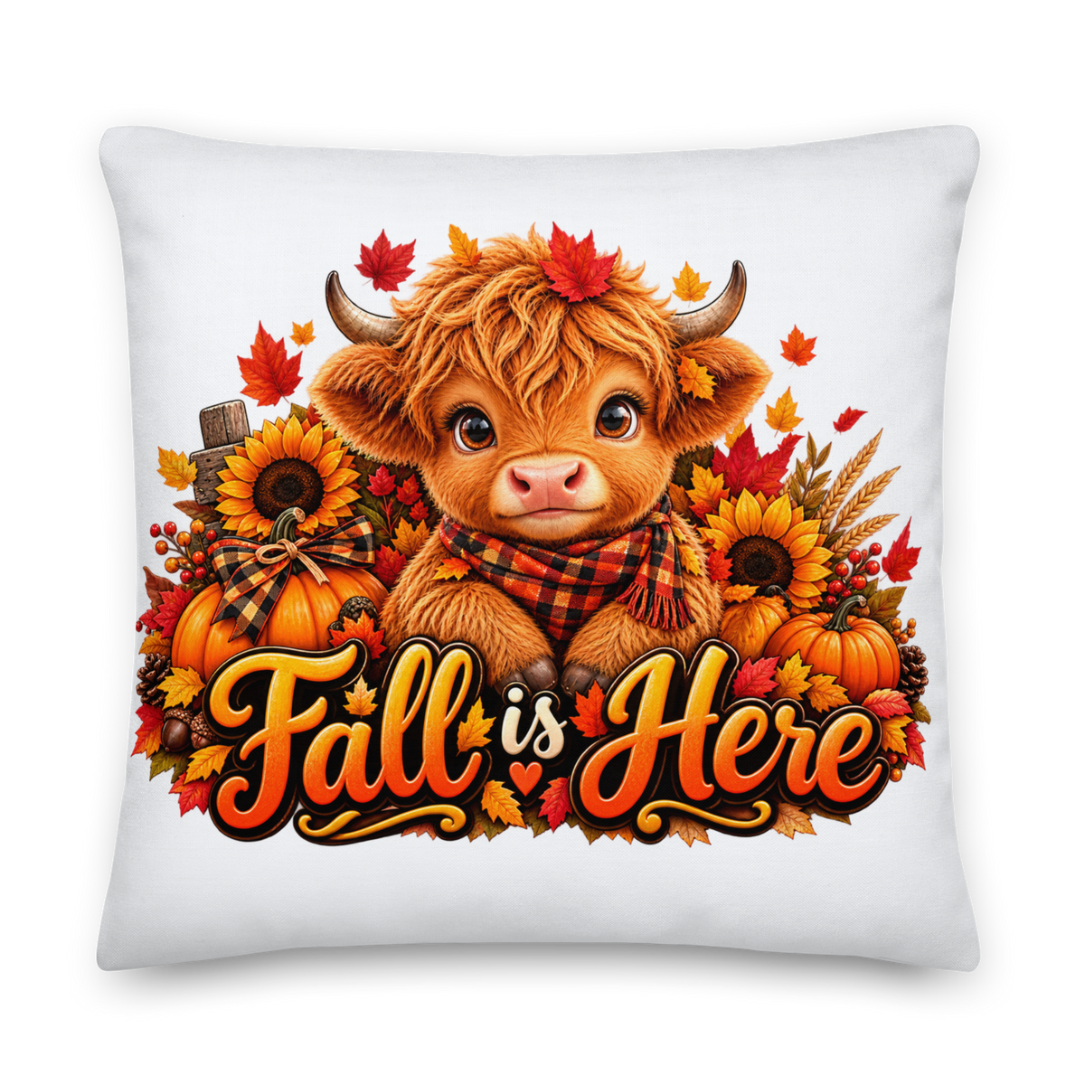 Hiland Cow Fall is Here White Premium Decor Pillow 22 x 22 - Front and Back View