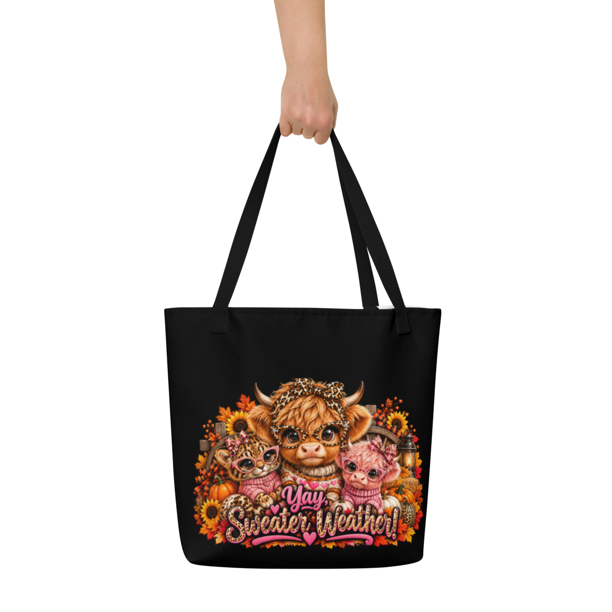 Hiland Cow Sweater Weather Black Large Tote Bag - Carrying View