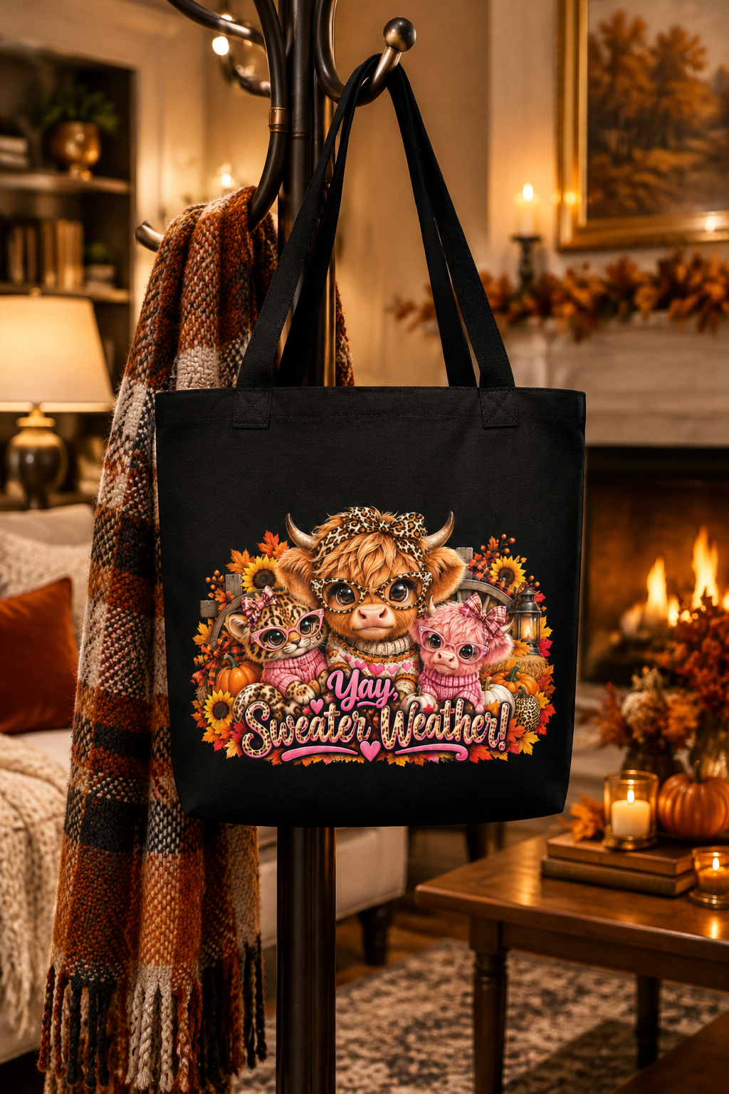 Hiland Cow Sweater Weather Black Large Tote Bag - Hung View