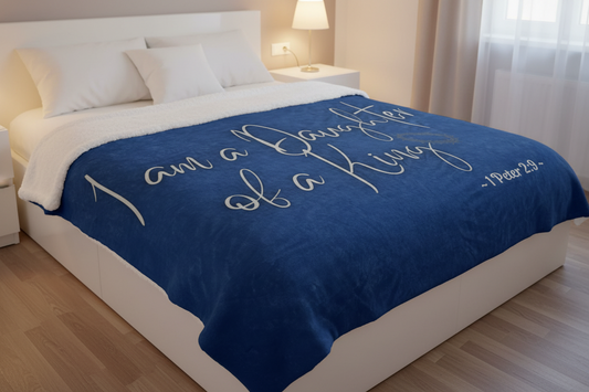 I Am A Daughter of A King - Blue Signed in Gray Sherpa Blanket 60 x 80 (Bed View)