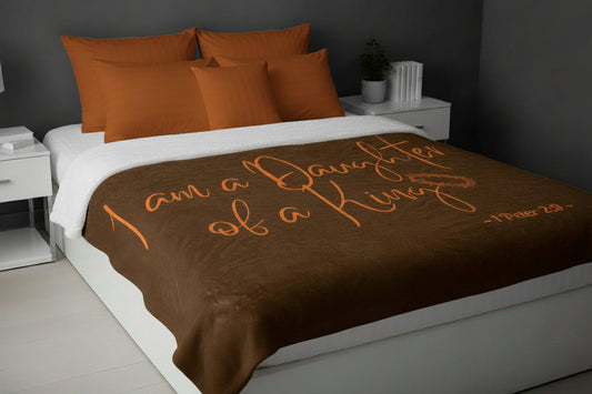 I Am A Daughter of A King - Brown Signed in Orange Sherpa Blanket 60 x 80 (Bed View)