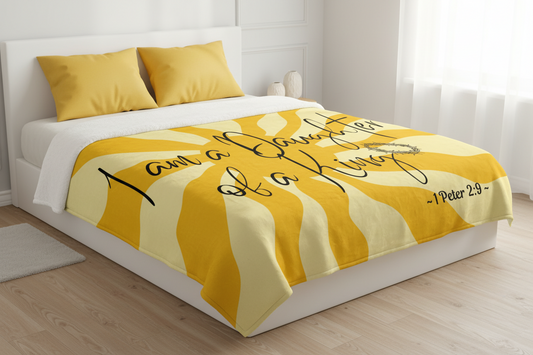 I Am A Daughter of A King - Sunny Yellow Signed in Black Sherpa Blanket (Bed View)