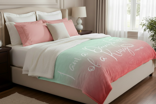 I Am A Daughter of A King - Watermelon Ombre Color Sherpa Blanket 60 x 80 (Bed View)
