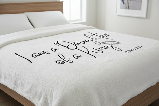 I Am A Daughter of A King - White Signed in Black Sherpa Blanket (Bed View)