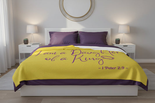I Am A Daughter of A King - Yellow Signed in Purple Sherpa Blanket 60 x 80 (Bed View)