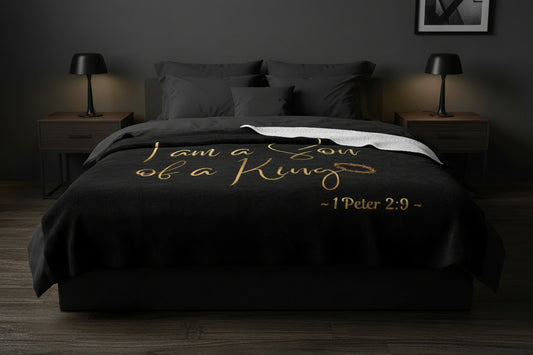 I Am A Son of A King - Black Signed in Gold Sherpa Blanket 60x80 (Bed View)