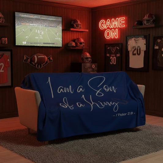 I Am A Son of A King - Blue Signed in Gray Sherpa Blanket 60 x 80 (Couch View)