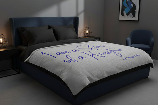 I Am A Son of A King - Gray Signed in Blue Sherpa Blanket 60x80 (Bed View)