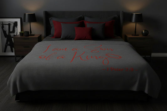 I Am A Son of A King - Gray Signed in Red Sherpa Blanket 60x80 (Bed View)