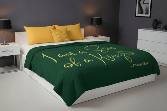 I Am A Son of A King - Green Signed in Yellow Sherpa Blanket 60 x 80 (Bed View)
