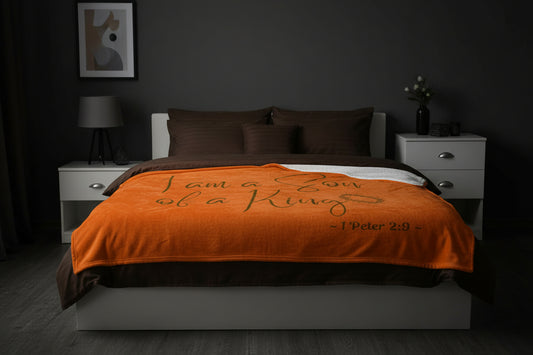 I Am A Son of A King - Orange Signed in Brown Sherpa Blanket (Bed View)