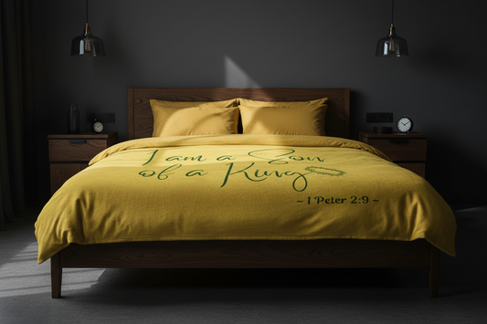 I Am A Son of A King - Yellow Signed in Green Sherpa Blanket 60 x 80 (Bed View)