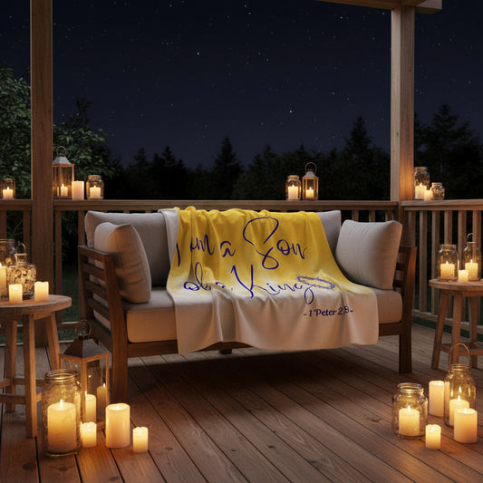 I Am A Son of A King - Yellow & White Ombre Signed in Blue Sherpa Blanket (Couch View)