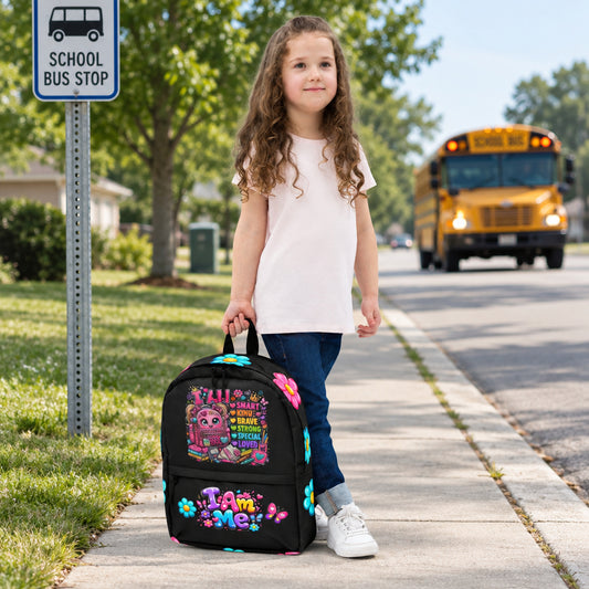 I Am Me Black Backpack (Youth Female Carrying View)