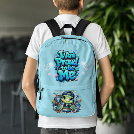 I Am Proud to be Me Blue Backpack with a Turtle (Youth Boy Wearing View)