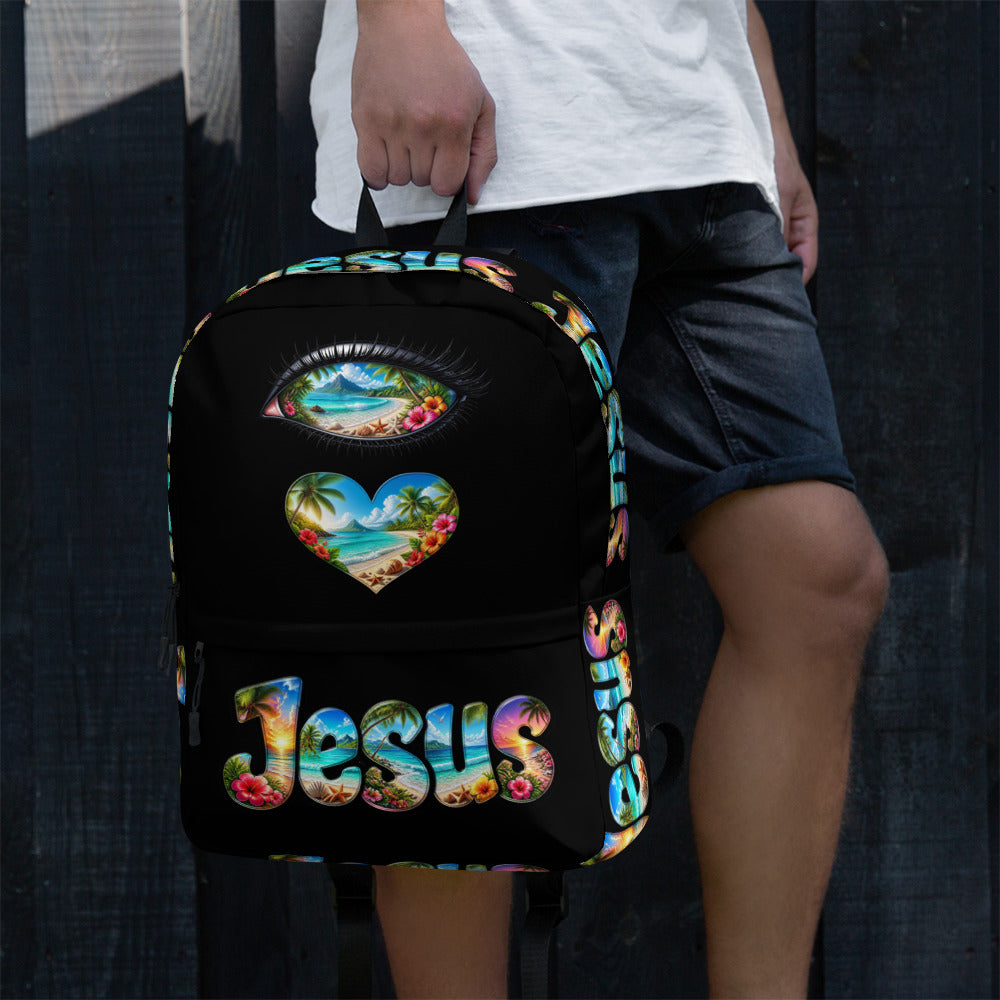 I Love Jesus Tropical Black Backpack - Carrying View