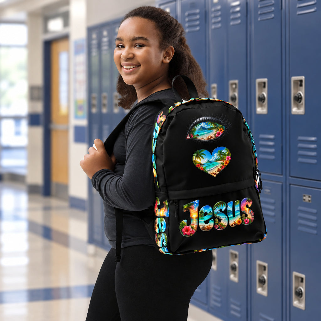 I Love Jesus Tropical Black Backpack - Female Wearing View